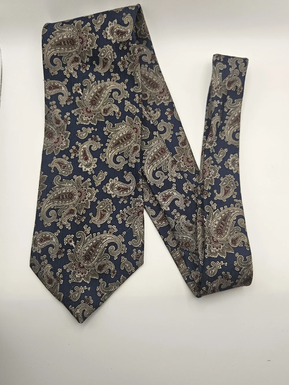 David Taylor Navy Paisley POLY Tie with Cream and Burgundy Accents Vintage.